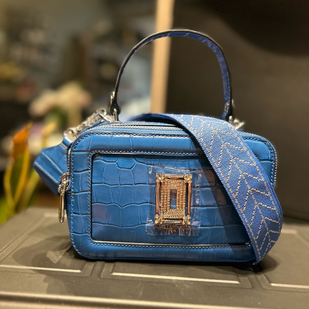 New Karl Lagerfeld Paris Simone Top Handle Crossbody Bag Blue | Crocodile | - Picture 4 of 8